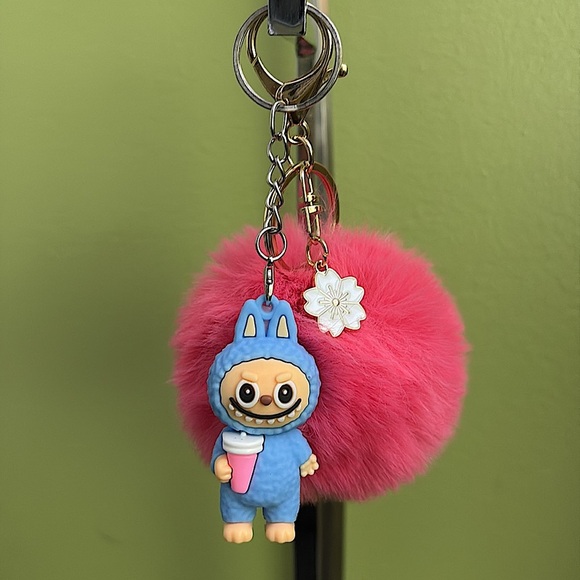 Labubu Blue Keychain Toy & Pink PomPom With Flower Charm-#1 - Picture 1 of 11